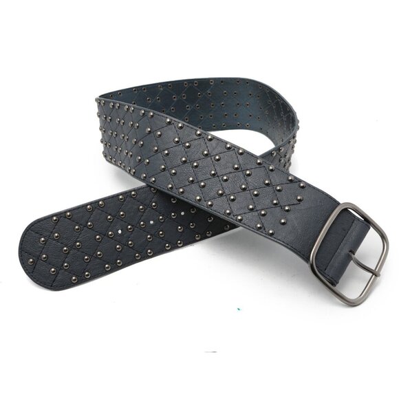 Wide Faux Leather Studded Belt Navy Steel Blue Silver Club Retro Vegan Hip - Picture 1 of 12
